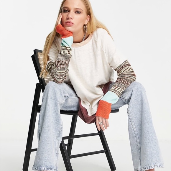 Free People Skater Tee with Knit Pattern Sleeve - Picture 4 of 11